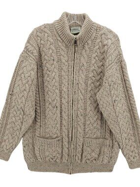SHANNON WOOLEN MILLS Men's 100% Wool Cable Knit Cardigan Beige Speckled MEDIUM